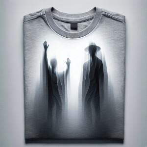 A folded gray t-shirt with a backlit, shadowy, abstract, silhoue...