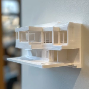 3D printed scale model of a modern house being displayed as art on a wall