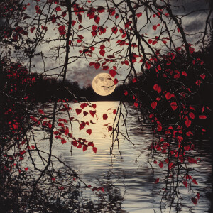 A full moon is seen through the branches of a tree over a body o...
