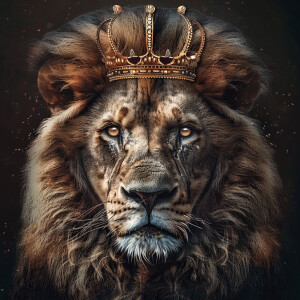A majestic lion wearing a crown on its head