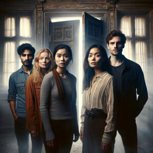 2 guys and 2 girls are standing in an abandoned mansion. There's...