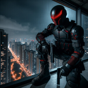 Red hood (from teen titans)crouching on a ledge of a high-rise a...