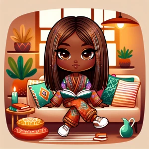 An chibi African American woman with shoulder-length silky strai...