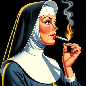 A nun smoking a cigarette