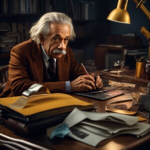Einstein sitting at a desk working