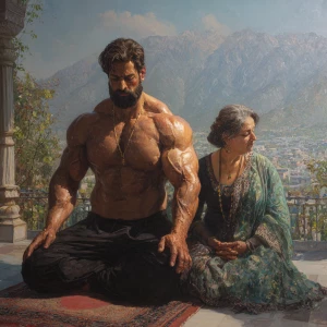 Hyperrealism,sharp painting,A man muscular beefy sweaty doinga y...