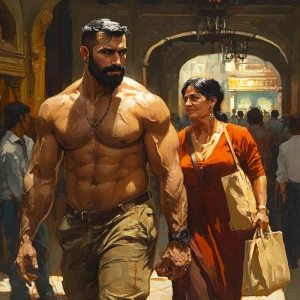 realism style art 1:1,a muscular sweaty beefy man walking  with...