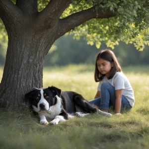 a black and white dog lying under a tree resting in the grass, t...