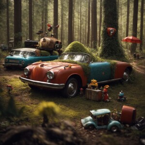 photorealistic image. rusty robot in a forest surrounded by his...
