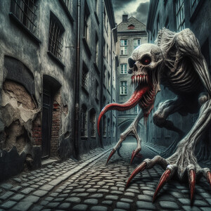 " cartoon text says 5k, A grotesque, skeletal / venom creature w...