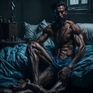Homelessingoodshape guy showing off and bulging in the bed hairy...