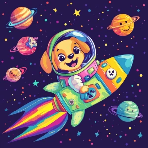 A lovable cartoon puppy dog astronaut piloting a colorful rocket...