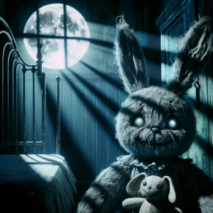 “Disturbing stuffed toy rabbit with one glowing eye, stitched sm...