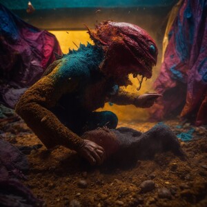 Creature shedding picking away shadowy scabs of  skin emerging v...