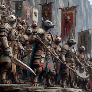 Create a realistic picture of a legion of humanoid dogs as warri...