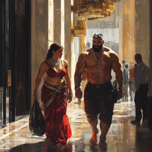 Fantasy art.A sweaty beefy man walking with his 54 year old kash...