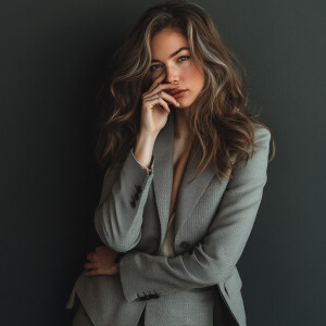 Craft an image of a sophisticated, curvy woman with sculpted, to...