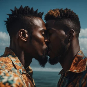 Two fit, African American men engaging in a tender kiss, reflect...