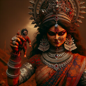 portrait of angry looking, muscular beautiful goddess durga carrying a short weak evil man and stabbing him with her red fingernails. She is wearing diamond saree, diamond armor, a huge diamond crown, abundant diamond jewelry. The scene is set in a dry landscape.  blood everywhere. The image is 8K resolution, cinematic, ultra detailed face and epic.