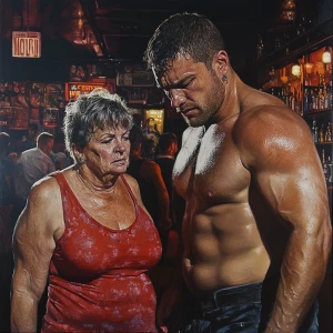 Hyperrealism,a muscular beefy sweaty man,walking entering in a...