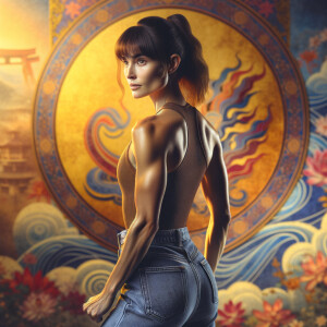 Athletic Thin skinny Attractive, Asian teenage girl, long brown hair and bangs, wearing tight skinny jeans and a halter top paint marks on her clothing, heroic pose Asian graffiti background, backside view