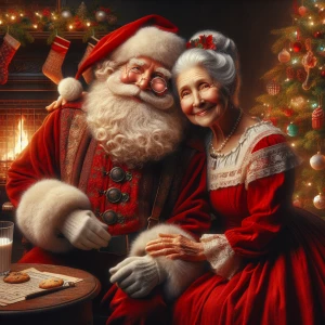 Santa Claus and Mrs. Claus sharing a warm embrace, surrounded by...