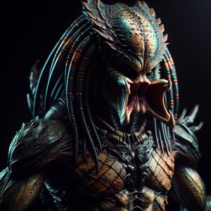 chucky in the style of Yautja's (Hunter Predator),ultra-detailed...