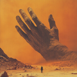 The image depicts a surreal and striking scene with an orange ha...