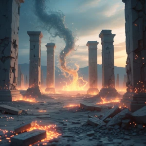 Desolate ruins glowing with soft mystical energy, elemental crea...