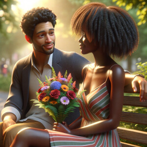 A photorealistic scene captures a young African American couple...