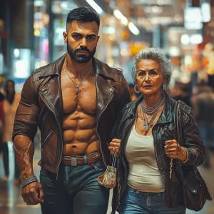 Photo, hyperrealism,a bodybuilder man ,walking with his 50 years...