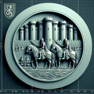 3d bas relief of Two knights on horses in front of a castle, rou...