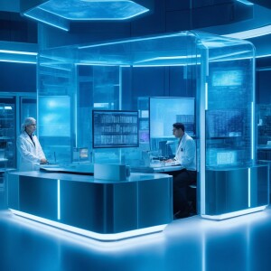 Image is a digital artwork depicting a futuristic laboratory set...