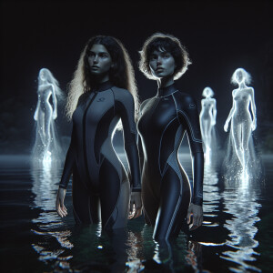 Two girls are standing near the lake at night in a hydro suit an...