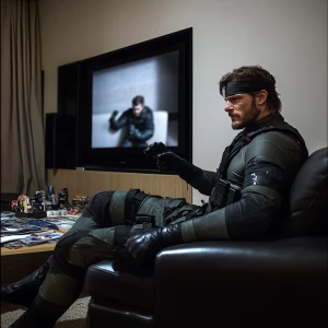 Grainy digital photo of a slightly smirking Solid Snake (Metal G...