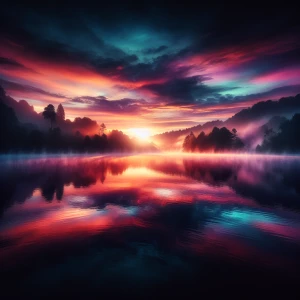 A sunrise over a serene lake, with the water reflecting the vibr...