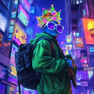 A character with blue skin, sporting a rainbow-colored crown wit...