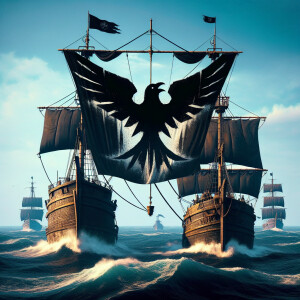 One ship is moored to another ship, on which hangs a flag with t...