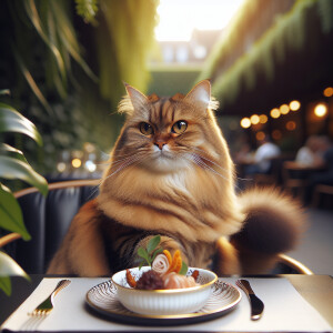 Illustrate a confident female cat enjoying a fabulous lunch outi...