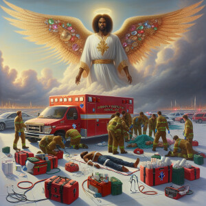 Create a realistic 3D oil painting depicting a scene of emergenc...