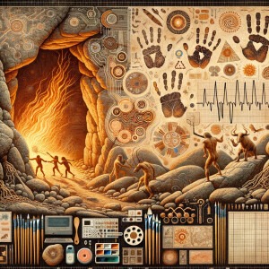 Cave Art with Handprints symbols for fire, water and air, macro, circuitry, cellular structures, DNA paint brushes and art pallets small birds, flying cardiogram print out slide detector print electromagnetic fields linear grid golden ratio