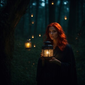 mysterious red-haired woman, cloaked and holding a lantern, surr...