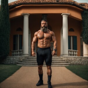 a bodybuilder male 45 years old, bearded, who is standing in fro...