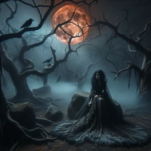 In a dark and eerie landscape under the light of a massive, glowing blood moon, a mysterious woman sits on a weathered stone surrounded by twisted, barren trees. Her long, flowing gown appears tattered yet ethereal, blending into the mist and shadows. Her hair cascades around her face as she gazes pensively into the distance, embodying a haunting beauty. The atmosphere is filled with silence and mystery, with hints of supernatural energy and gothic enchantment. Ravens perch on the branches nearby, enhancing the aura of solitude, magic, and dark fantasy