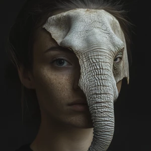 A woman's face transforming into a elephant's snout