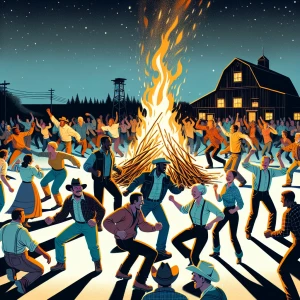 A group of people celebrating at a farm gathering around a blazi...