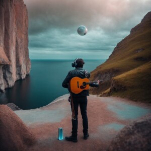 Man standing on the edge of reality with oculus glasses in one h...