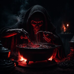 A grotesque female alien wizard with wrinkled red and black skin...