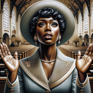 Render an airbrush oil painting of an African American woman with flawless makeup
kneeling at a church altar, her hands raised in a gesture of surrender to God. She's
dressed in stylish Sunday Best attire, with a particular focus on the delicate details of
her Church Hat. The background features a beautifully painted church interior, with the
oil paint texture enhancing the sacred atmosphere. The artwork should capture the
woman's devout expression, the elegance of her attire, and the spiritual ambiance of
the church setting, reflecting a moment of deep faith and devotion.