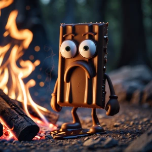 An anxious-looking cartoon chocolate bar character with googly e...